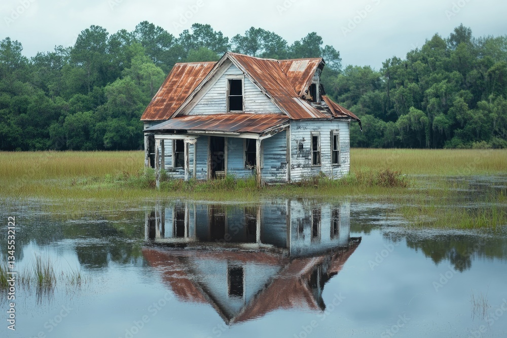 Obraz premium Abandoned house, flooded field