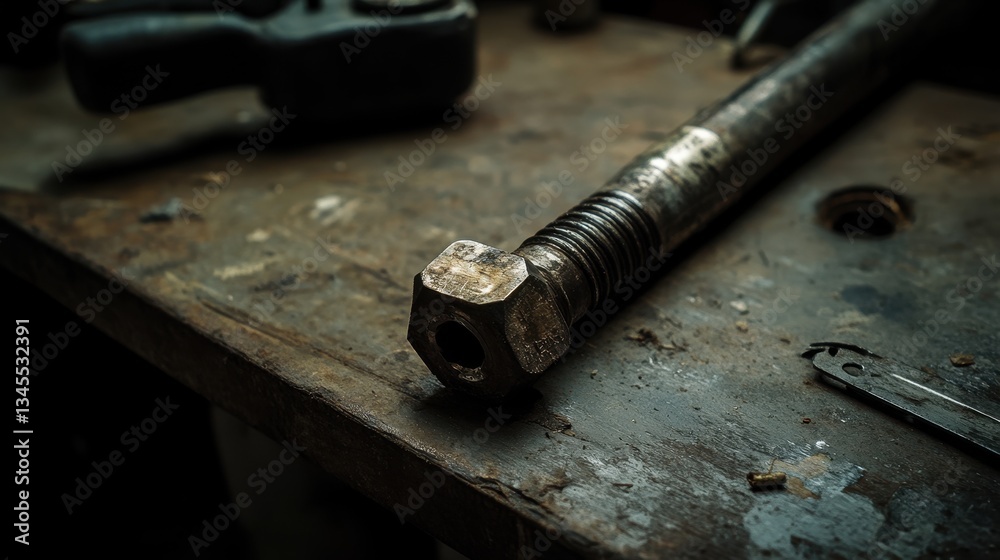 Close-up of a Rusty Bolt on a Wooden Workbench in Workshop Setting Close-up of a Rusty Bolt on a Wooden Workbench in Workshop Setting
