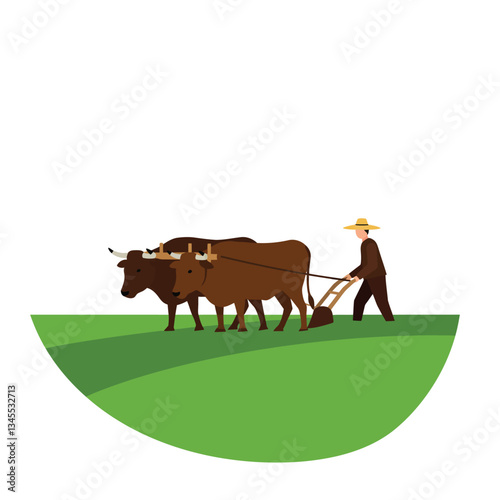Farmer plowing field with oxen in flat design vector art