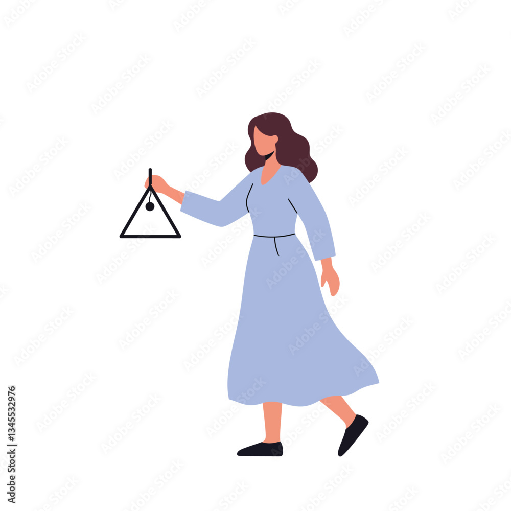 Woman in flowing dress holding a triangle in flat vector art style Woman in flowing dress holding a triangle in flat vector art style