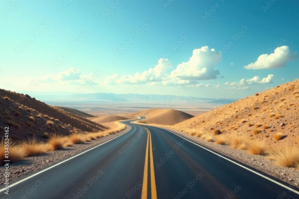 Naklejka premium Asphalt ribbon curving through a sun-drenched desert landscape under a vast, bright blue sky, promising adventure and open road ahead