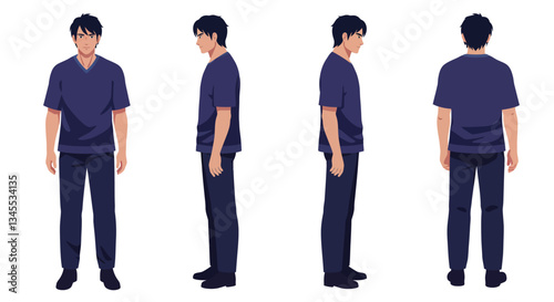 Character design showcasing a male figure in multiple angles flat vector art