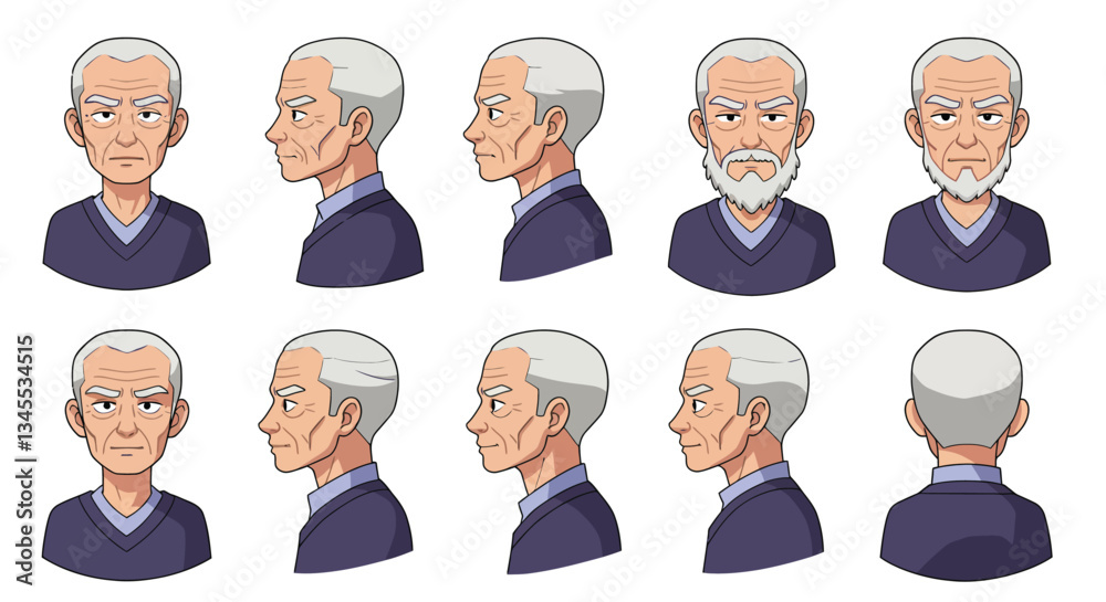 Detailed character transformation in flat style vector art showcasing aging process and emotional change Detailed character transformation in flat style vector art showcasing aging process and emotional change