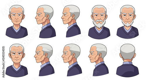 Detailed character transformation in flat style vector art showcasing aging process and emotional change