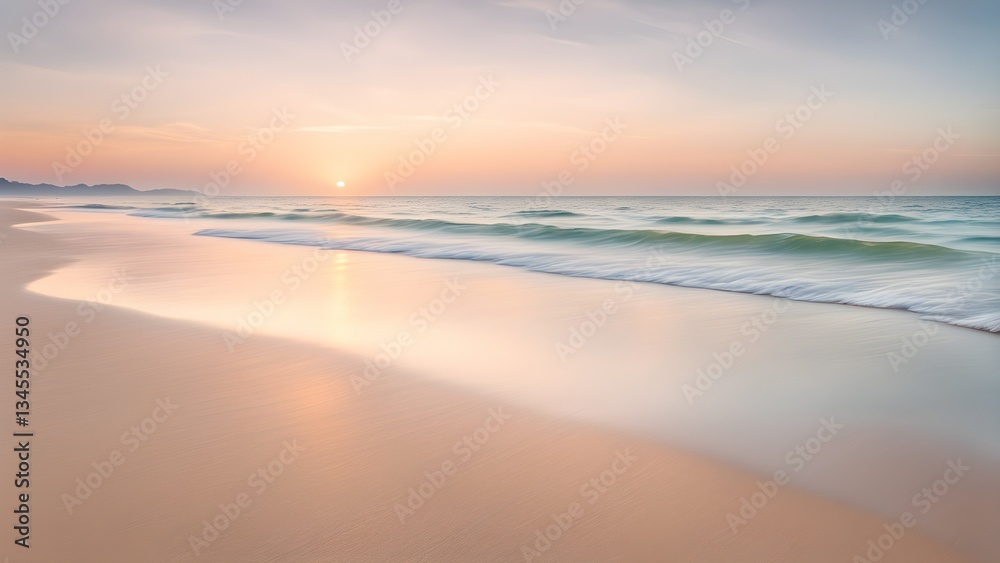 Fototapeta premium Gentle ocean waves caress a pristine beach sunset, creating a tranquil idyllic scene. soft light bathes sand warm, golden hues.