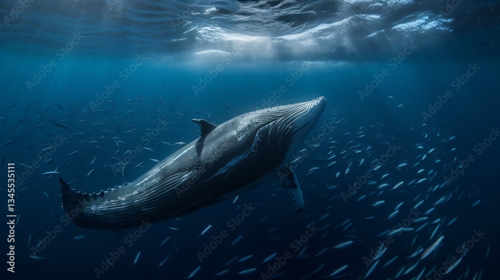 Majestic Humpback Whale Surrounded by a School of Fish in the Deep Ocean Majestic Humpback Whale Surrounded by a School of Fish in the Deep Ocean