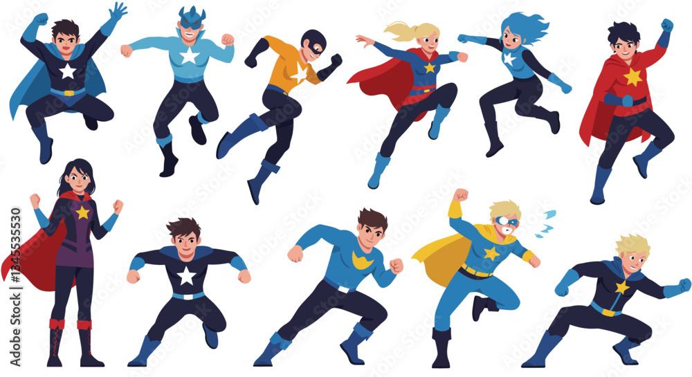 Dynamic superhero characters in action with vibrant colors in flat vector art Dynamic superhero characters in action with vibrant colors in flat vector art