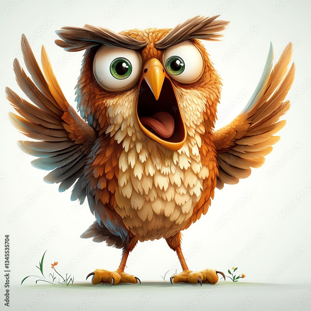 Obraz premium An irate cartoon owl, wings outstretched, lets out a loud screech against a simple white backdrop. Its expression is one of intense fury.