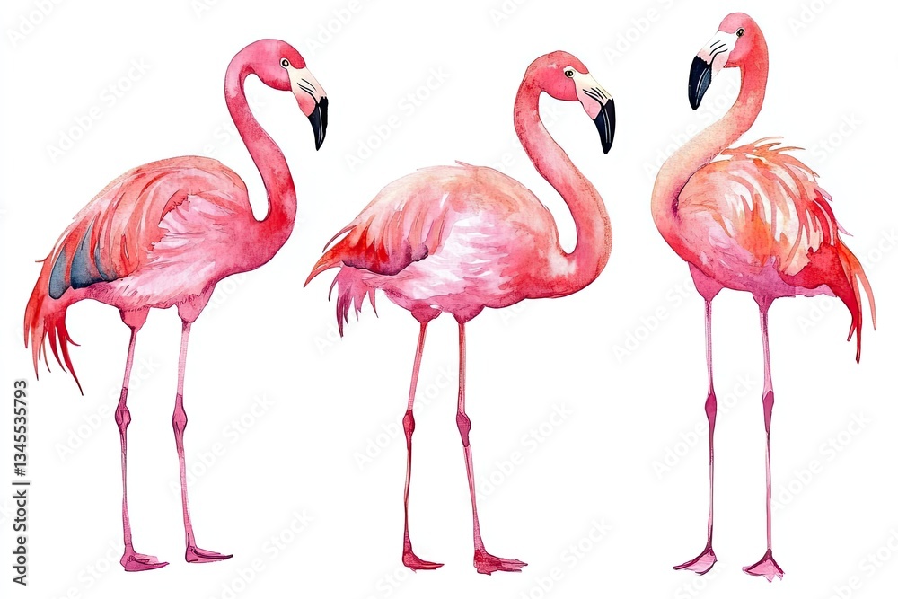 Fototapeta premium Set of watercolor vibrant flamingos hand drawn on a white background