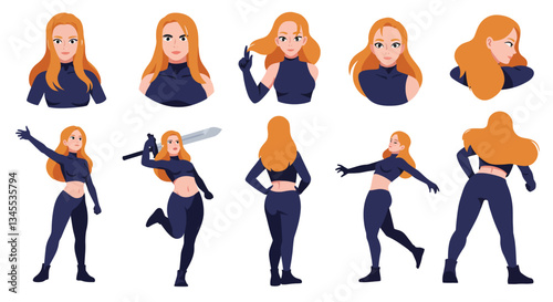 Dynamic character poses in flat minimal design showcasing various expressions and movements vector illustration