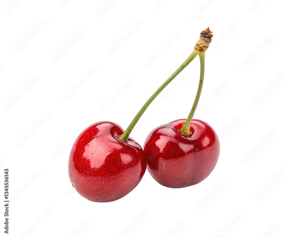 Fresh ripe cherry fruits isolated on a white transparent background, showcasing vibrant red color and perfect natural texture. Perfect for fruit illustrations, food designs, and healthy lifestyle imag Fresh ripe cherry fruits isolated on a white transparent background, showcasing vibrant red color and perfect natural texture. Perfect for fruit illustrations, food designs, and healthy lifestyle imag