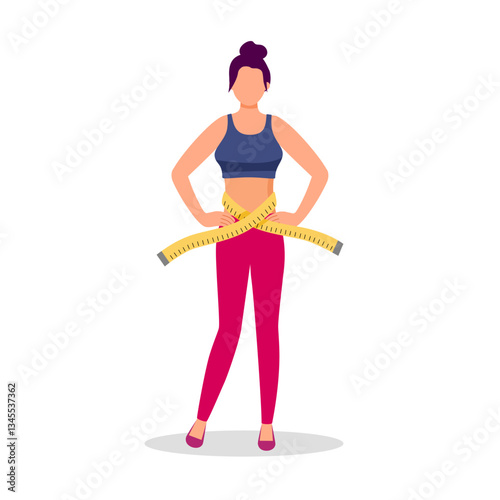 Young woman with tape on waist with diet and sport results. Female show thin slim body. Weight loss concept vector illustration.