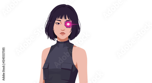 Character design featuring a woman with cybernetic eye in minimal vector art