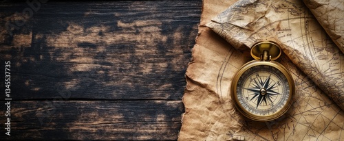 Antique Compass on Vintage Map