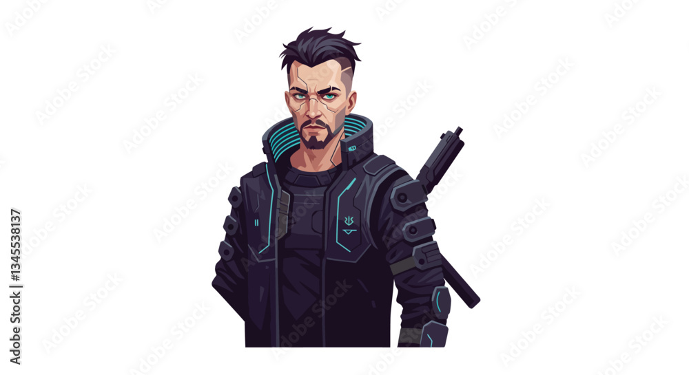 Cybernetic character transformation in detailed flat vector art Cybernetic character transformation in detailed flat vector art