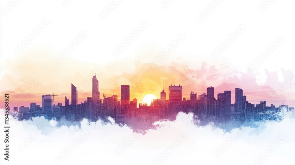 Obraz premium Vibrant Stylized Digital Painting of a Bustling City Skyline at Sunset