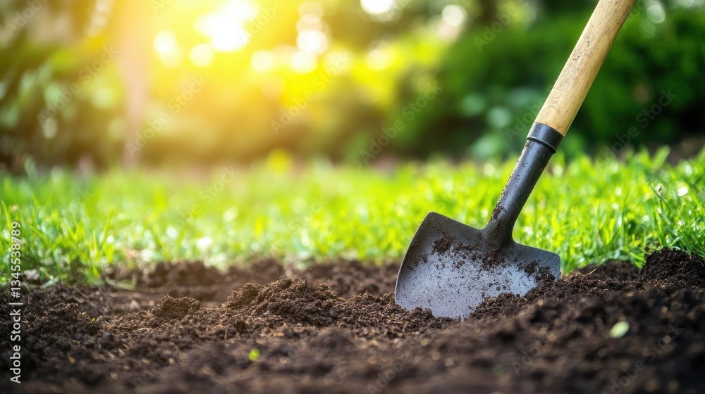 Gardening Tool Shovel Digging Soil in Sunlit Greenery Scene