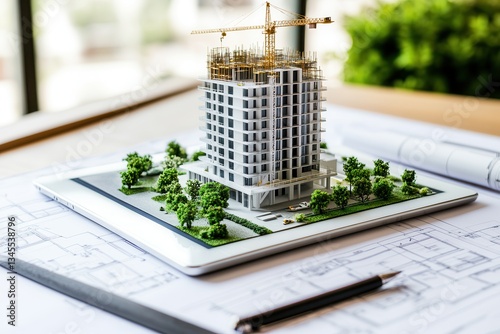 Architectural model of a modern apartment building with construction crane.
