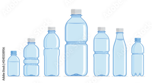 Various sizes of plastic water bottles in a flat and minimal vector illustration