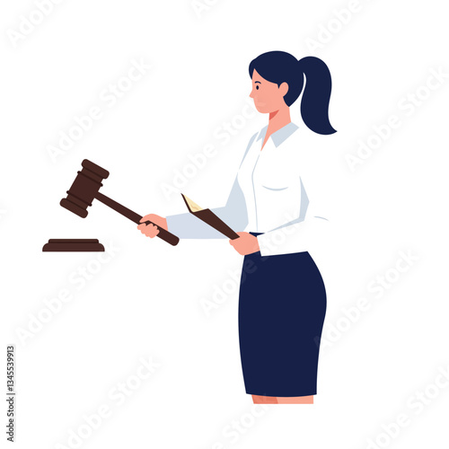 Female lawyer holding gavel and clipboard in flat vector art style