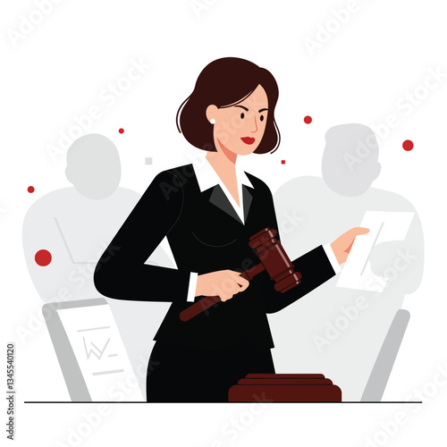Female lawyer presenting evidence in a courtroom, flat vector art design style