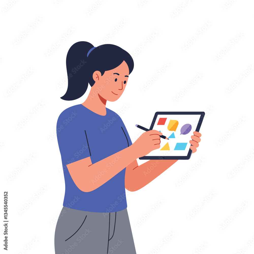 Young woman creating colorful designs on tablet in flat vector art Young woman creating colorful designs on tablet in flat vector art