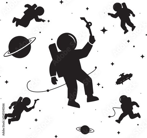 Black and white Astronaut Vector Image. Astronauts Space Flying Stock Illustration on white background. 
