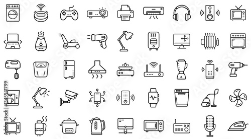 Home Appliances and Smart Electronics Icon Set – Household Devices, Kitchen Equipment, Gadgets, and Digital Technology Line Art Symbols for Modern Home and Office Essentials