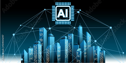 Futuristic smart city skyline with AI technology integration. Digital network, artificial intelligence, and urban innovation concept. Modern infrastructure and smart technology connection.