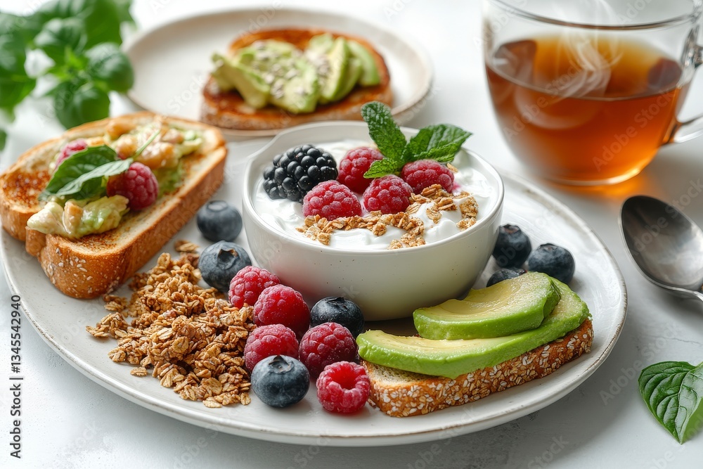 Healthy Breakfast with Yogurt Berries Granola and Avocado Toast