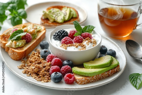 Healthy Breakfast with Yogurt Berries Granola and Avocado Toast