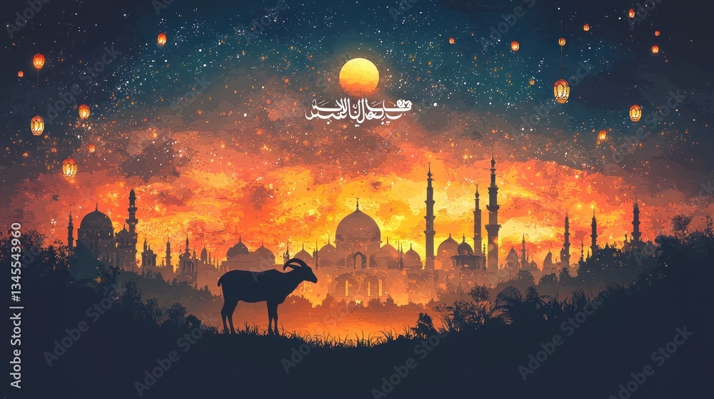 Obraz premium Ibex silhouetted against fiery Eid al-Adha cityscape