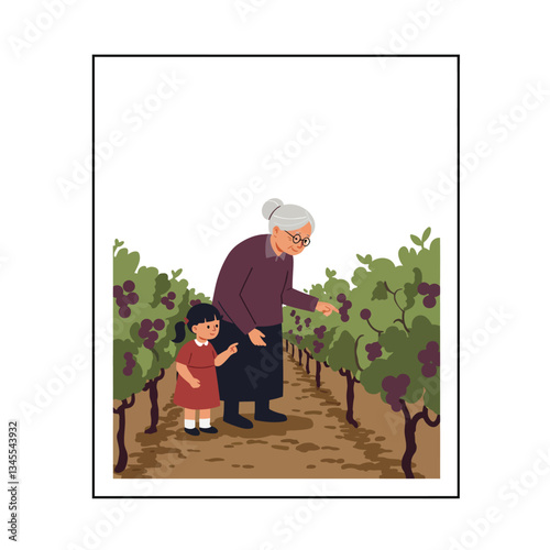 Grandmother and granddaughter picking grapes in vineyard flat vector illustration