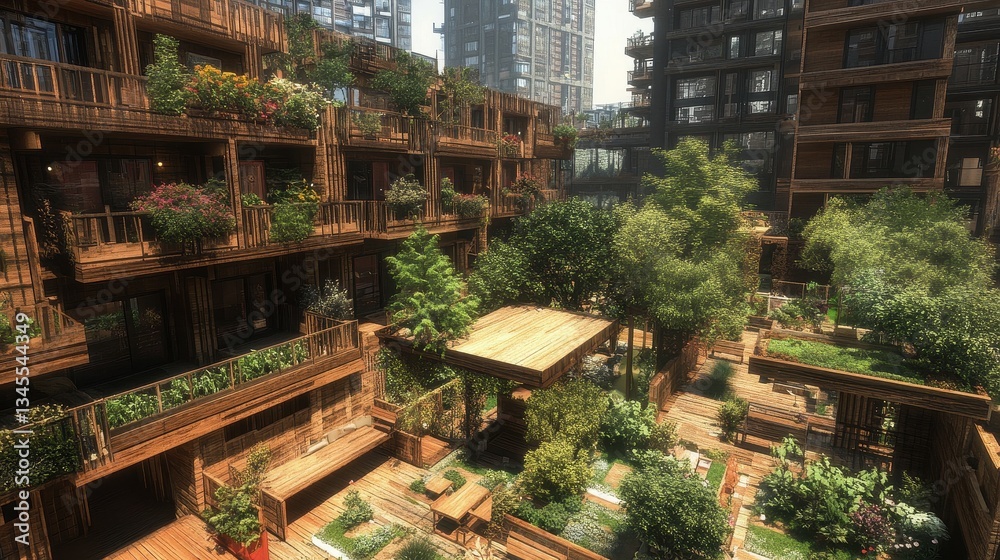 Fototapeta premium Serene Urban Oasis with Lush Greenery and Wooden Architecture