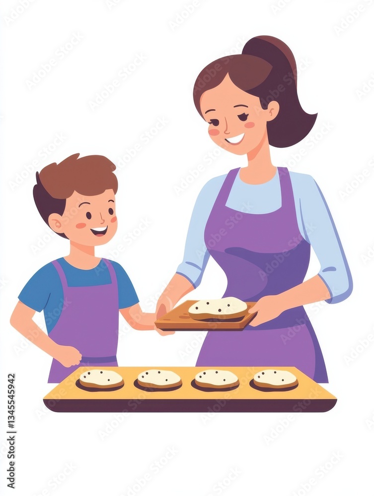 Hispanic mother and son baking cookies together - family cooking fun Hispanic mother and son baking cookies together - family cooking fun