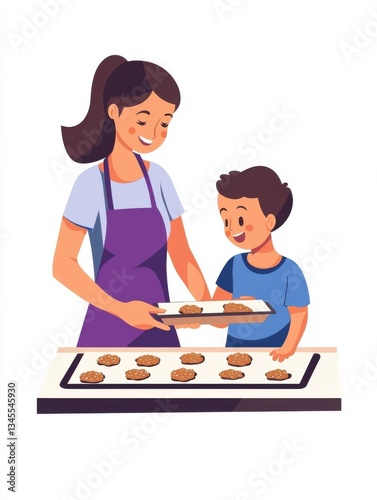 Mother and son baking cookies together in kitchen - hispanic family bonding moment