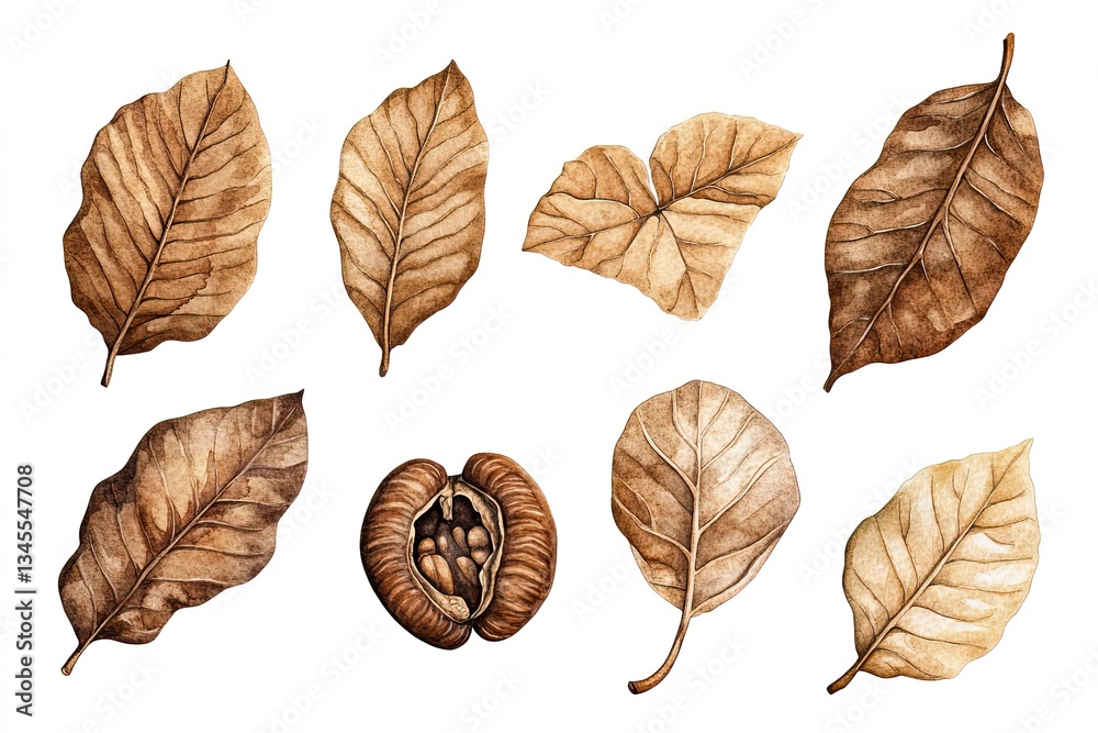 Fototapeta premium Set of watercolor Walnut Leaves hand drawn on a white background