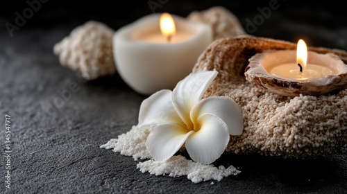 Coastal spa ambiance with candles and shells