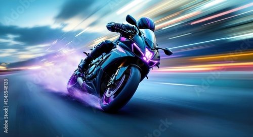A powerful motorcycle speeds through the night, neon lights blurring in its wake. Perfect for desktop wallpaper or a racing-themed design.