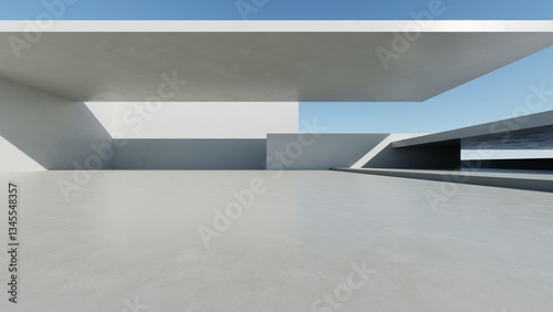 Fototapeta Naklejka Na Ścianę i Meble -  3d render of abstract modern concrete architecture with empty cement floor, minimal exterior, car presentation background
