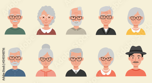 Diverse group of elderly characters in flat design style vector art