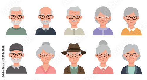 Elderly people character design in flat style showcasing different expressions and attire vector illustration