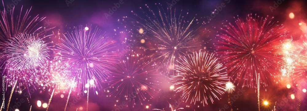Fototapeta premium Colorful fireworks explode in a vibrant night sky.