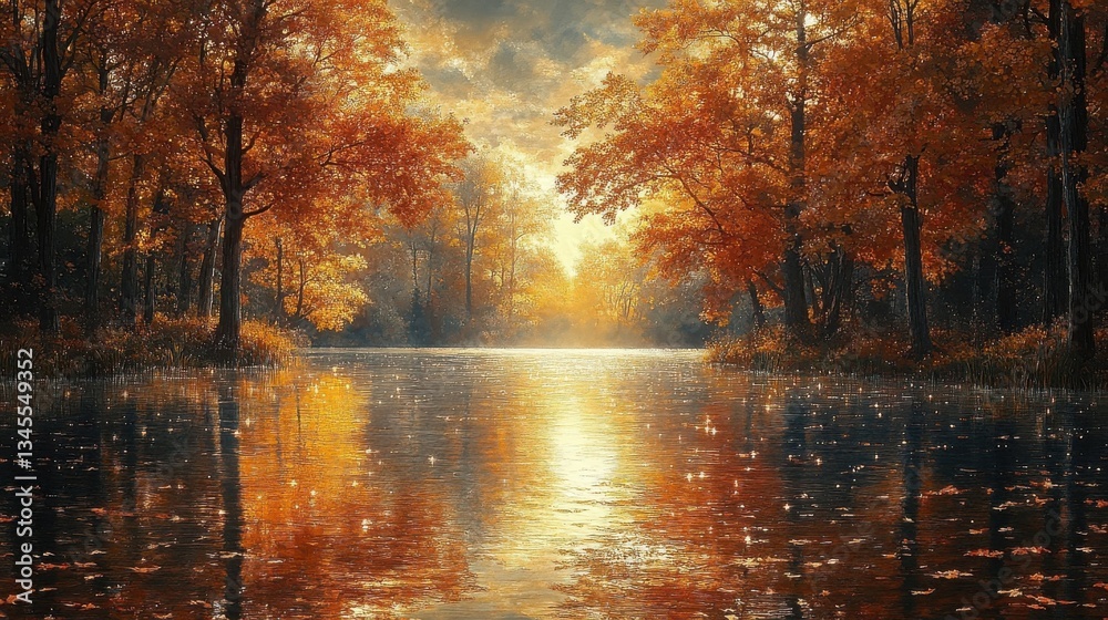 Obraz premium Autumnal Trees Reflected on Calm Lake Surface with Golden Sunlight