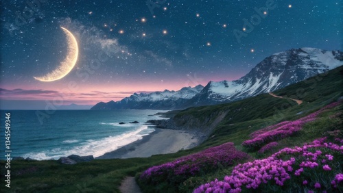 Serene night landscape coastal mountains nature photography floral beauty evening view tranquility concept
