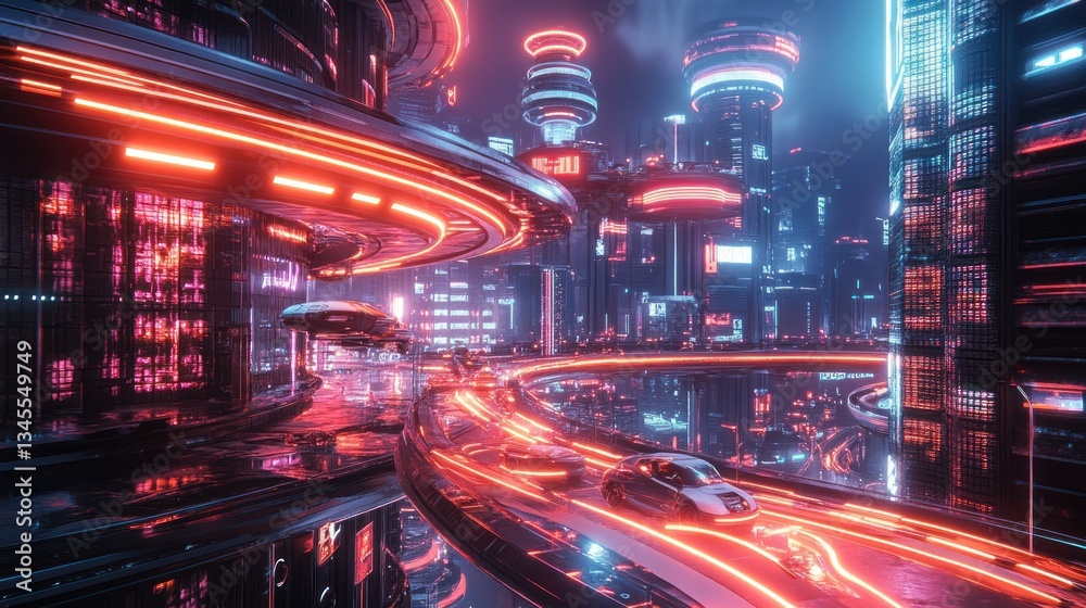 Fototapeta premium Futuristic city, neon glow, transportation, night cityscape