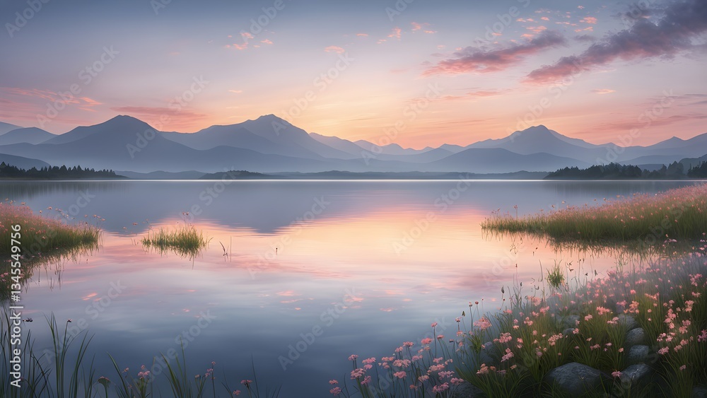 Fototapeta premium Peaceful sunset reflecting a calm lake surrounded mountains pink flowers.