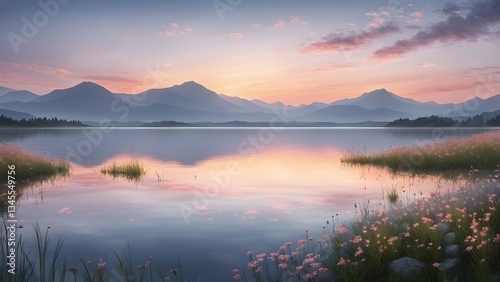 Wallpaper Mural Peaceful sunset reflecting a calm lake surrounded mountains pink flowers. Torontodigital.ca