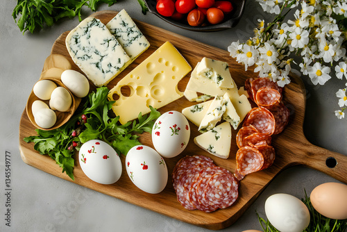 Delicious appetizer board with cheese, salami, eggs, and flowers on a wooden cutting board, overhead view.