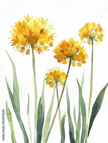 Watercolor Yellow Allium Isolated on White Background. Beautiful Allium Flower